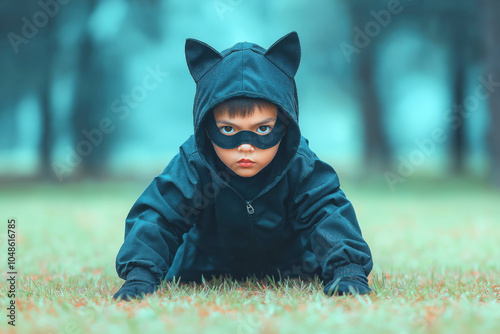 Child wearing cat costumes posing in the woods for halloween celebration. boy-quadrobber. photo