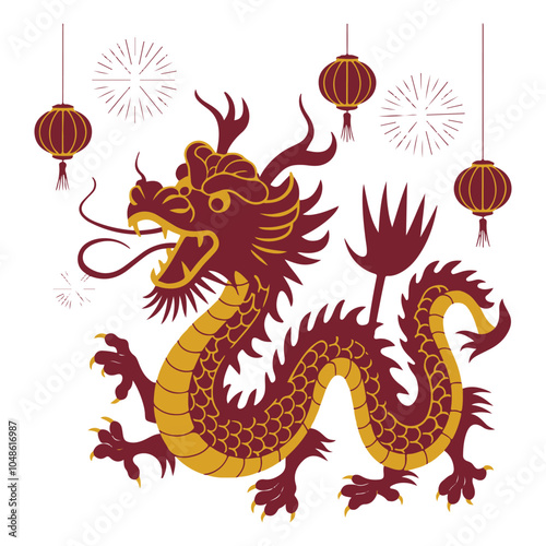 Bright Spring Festival Blessings Traditional Red Chinese Dragon Graphic Illustration