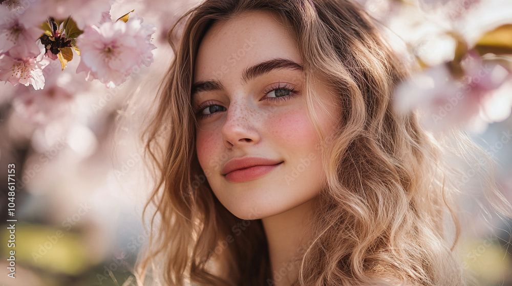 Young woman enjoying springtime among blooming cherry blossom trees in a sunlight-filled park Young woman enjoying springtime among blooming cherry blossom trees in a sunlight-filled park