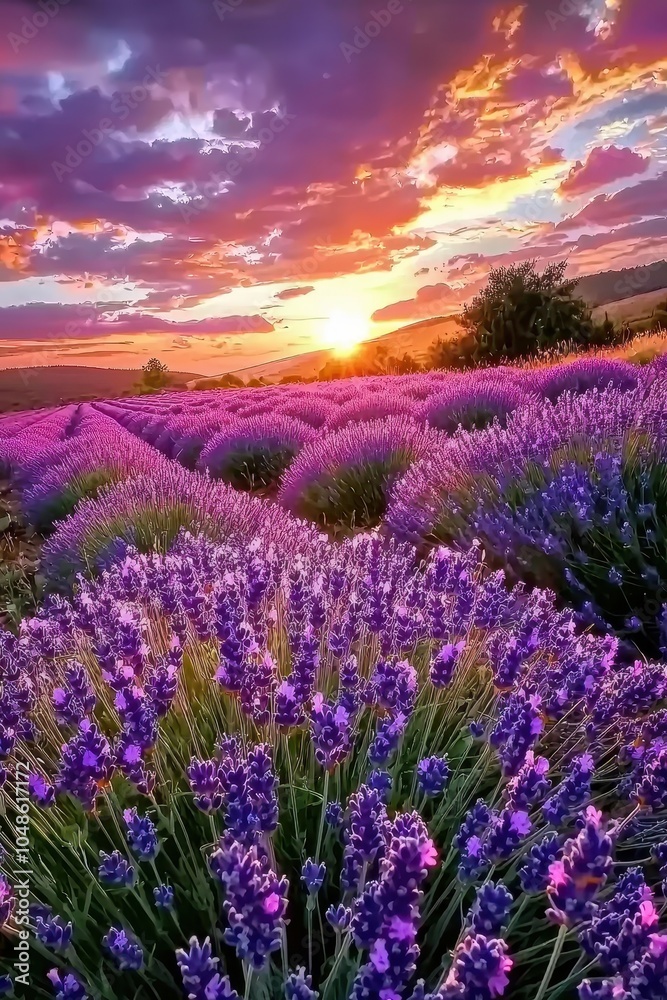 Naklejka premium Blooming Lavender Field Under Vibrant Sunset