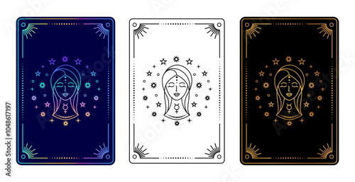 Set of three tarot cards with  Virgo zodiac sign in gradient, black and white, and gold on black variations.