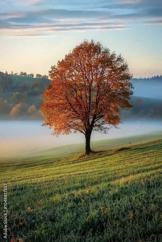 Obraz premium Foggy Autumn Morning in a Peaceful Countryside Field