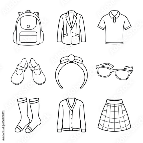 Preppy School Style Line Art Bundle – Plaid Skirt, Cardigan Sweater, Blazer, and More photo