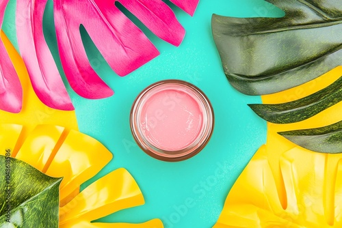 Colorful tropical leaves surround a pink jar on a vibrant turquoise background, creating a lively and fresh atmosphere.