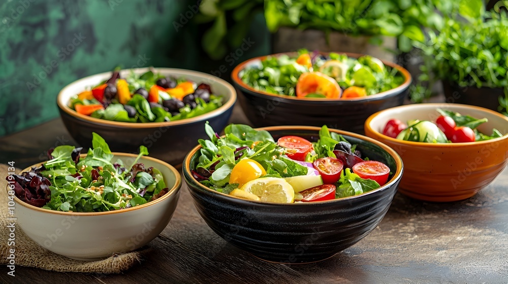 Colorful Salad Bowls on Rustic Wooden Table Healthy Natural Food Concept Colorful Salad Bowls on Rustic Wooden Table Healthy Natural Food Concept