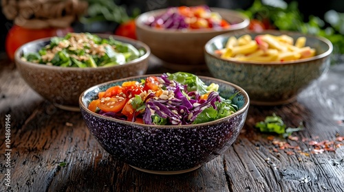 Vibrant Salad Bowls on Rustic Table   Healthy Natural Product Concept