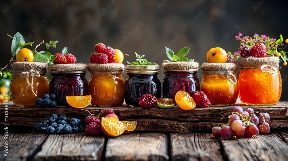 Rustic Table Display of Homemade Jams and Fresh Seasonal Fruits with Vibrant Colors and Textures Rustic Table Display of Homemade Jams and Fresh Seasonal Fruits with Vibrant Colors and Textures