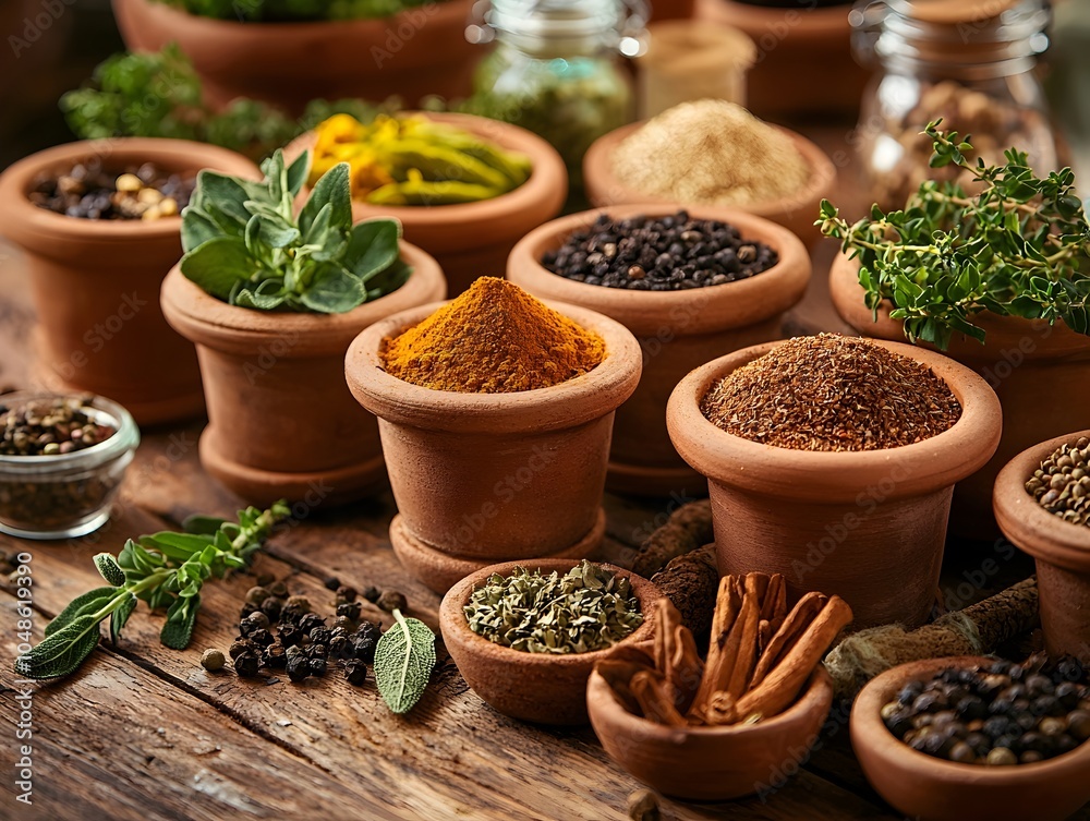 Assorted Organic Spices and Herbs in Clay Pots on Wooden Table Assorted Organic Spices and Herbs in Clay Pots on Wooden Table