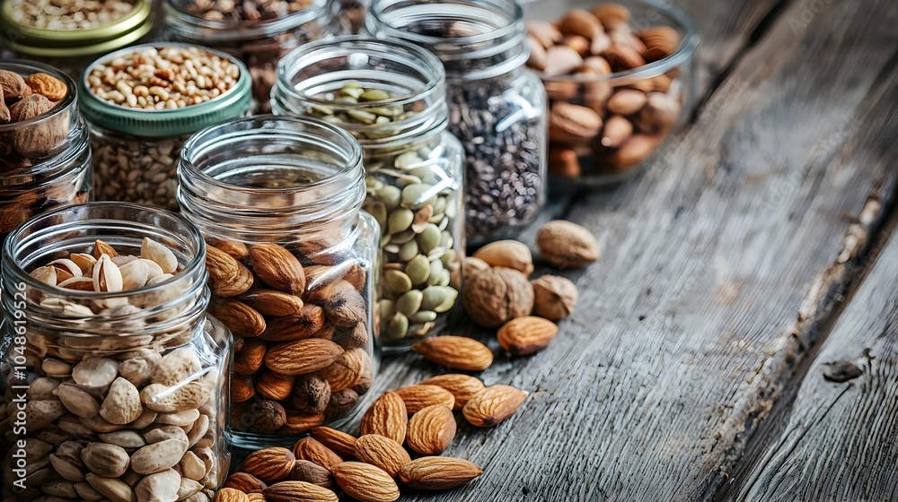 Obraz premium Assorted Organic Nuts and Seeds in Glass Jars on Rustic Wooden Table