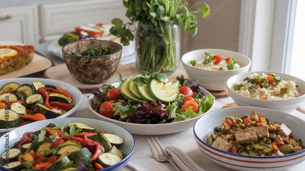 Table with Colorful Vegan Vegetables Like Carrots and Broccoli Table with Colorful Vegan Vegetables Like Carrots and Broccoli
