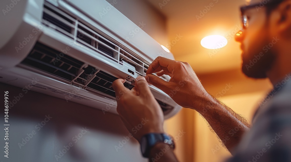 Homeowner Servicing Air Conditioner Unit Inside House Homeowner Servicing Air Conditioner Unit Inside House