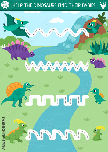 Vector dinosaur handwriting practice worksheet. Prehistoric printable drawing activity for preschool children with ancient animals and their babies. Tracing game for writing skills