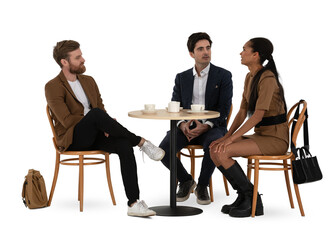 Group of three people sitting in a café and drinking coffee and talking isolated on white background