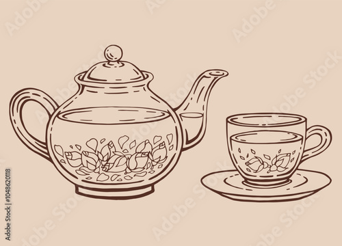 Tea set with glass teapot and cup, rose. Hand drawn vector illustration in outline style.