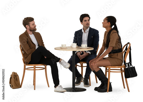 Group of three people sitting in a café and drinking coffee and talking isolated on white background