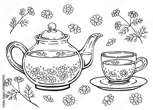 Hand drawn teapot, cup, chamomile. Vector illustration in outline style.