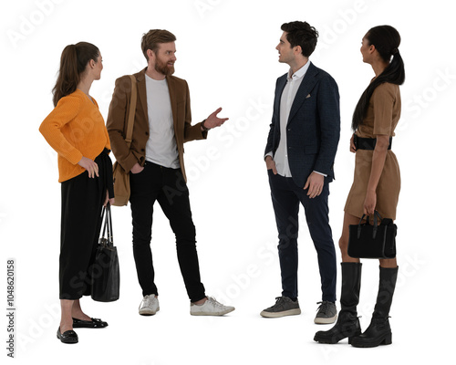 Group of four people standing and talking isolated on white background