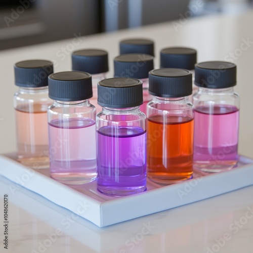 A collection of colorful liquid samples in clear bottles on a tray. photo