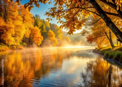 Golden Mist Over Tranquil Riverbank in Urban Exploration Photography