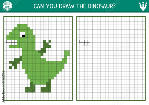 Draw the dinosaur by pixel grid. Vector prehistoric drawing practice worksheet with prehistoric animal. Printable black and white activity for kids. Copy the picture coloring page with field, squares