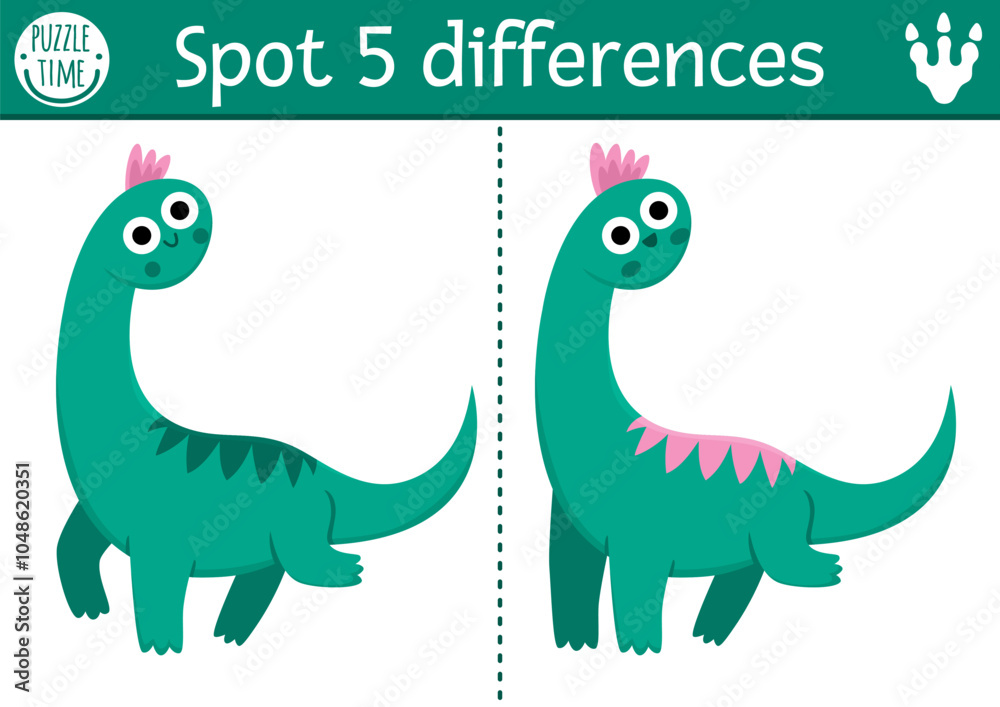 Naklejka premium Find differences game for children. Dinosaur educational activity with brachiosaur. Puzzle for kids with little ancient animal. Printable worksheet, page for attention skills with diplodocus