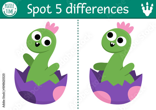 Find differences game for children. Dinosaur educational activity with baby brachiosaur in egg. Puzzle for kids with little ancient animal. Printable worksheet, attention skills page with diplodocus