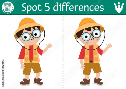 Find differences game for children. Dinosaur educational activity with paleontologists boy waving hand. Puzzle for kids with archeologists or researcher. Printable worksheet, page
