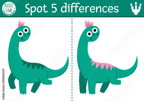 Find differences game for children. Dinosaur educational activity with brachiosaur. Puzzle for kids with little ancient animal. Printable worksheet, page for attention skills with diplodocus