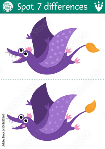 Find differences game for children. Dinosaur educational activity with pterosaur. Puzzle for kids with little ancient animal. Printable worksheet, page for attention skills with pterodactyl