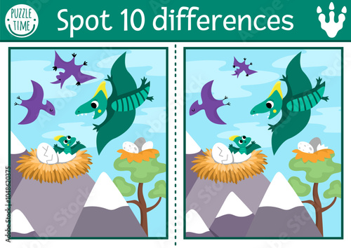 Find differences game for children. Dinosaur educational activity with pterosaurus and prehistoric landscape. Puzzle for kids with pteroductyl. Printable worksheet, page for attention skills