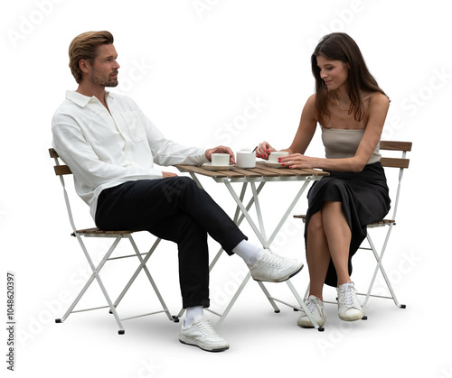 Elegant and beautiful couple sitting casually in a café and talking and looking around isolated on white background photo