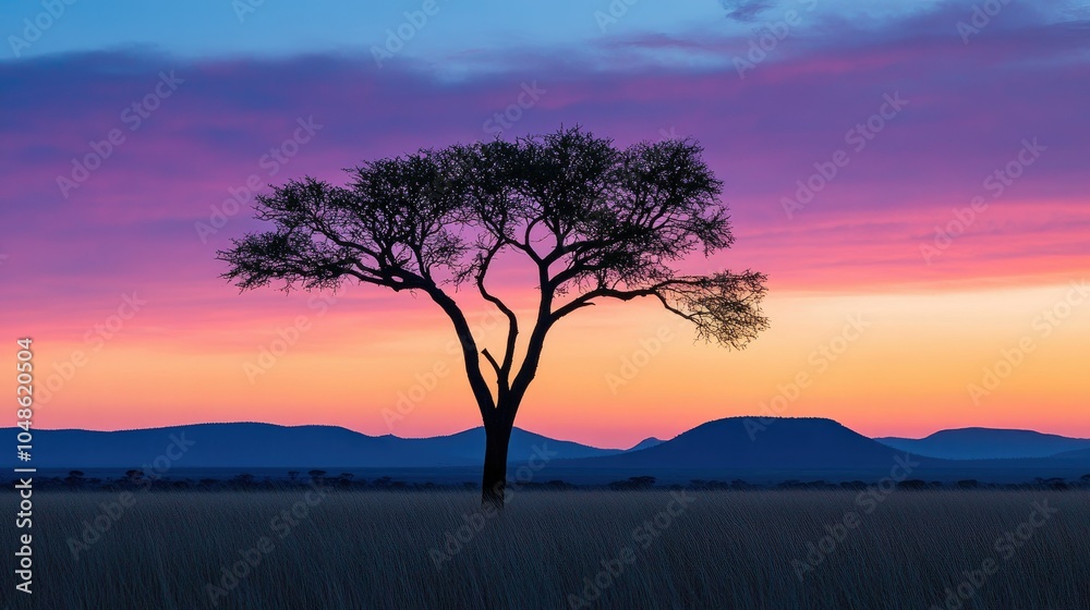 A solitary tree silhouette stands against the backdrop of vibrant sunset skies, with distant mountains fading into the horizon A solitary tree silhouette stands against the backdrop of vibrant sunset skies, with distant mountains fading into the horizon