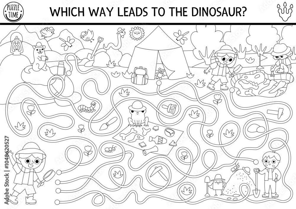 Dinosaur black and white maze. Coloring page with cute paleontologists. Prehistoric line printable activity with kids on a dig. Dino land labyrinth game with archaeologists, fossils, camp Dinosaur black and white maze. Coloring page with cute paleontologists. Prehistoric line printable activity with kids on a dig. Dino land labyrinth game with archaeologists, fossils, camp