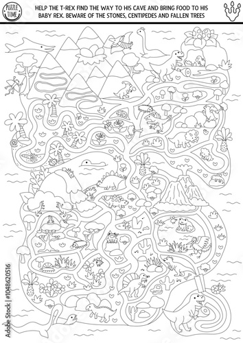 Dinosaur black and white maze for kids. Coloring page with ancient world landscape or map. Prehistoric line printable activity. Dino land labyrinth game, puzzle. Help T-rex bring food to his baby