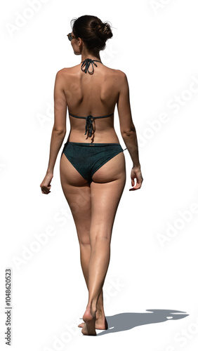 Woman in a black bikini walking back to the camera isolated on white background