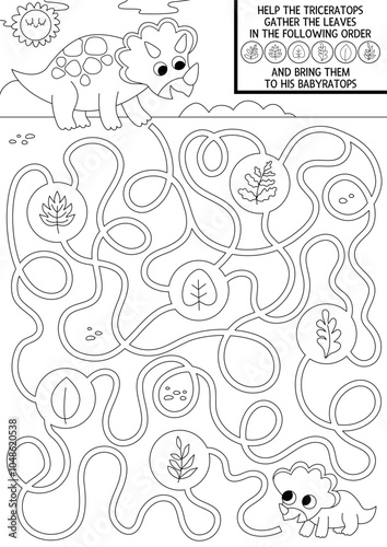 Dinosaur black and white maze for kids. Coloring page with ancient world landscape. Prehistoric line printable activity. Dino land labyrinth game, puzzle. Help triceratops bring leaves to baby