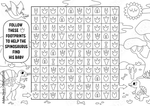 Dinosaur black and white maze, seek and find game, coloring page. Prehistoric printable line activity for kids. Logical searching puzzle. Follow footprints to help spinosaurus find baby