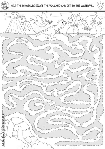Dinosaur black and white maze for kids with ancient world landscape. Prehistoric line printable activity. Dino land labyrinth game, puzzle, coloring page. Help pterosaur escape erupting volcano