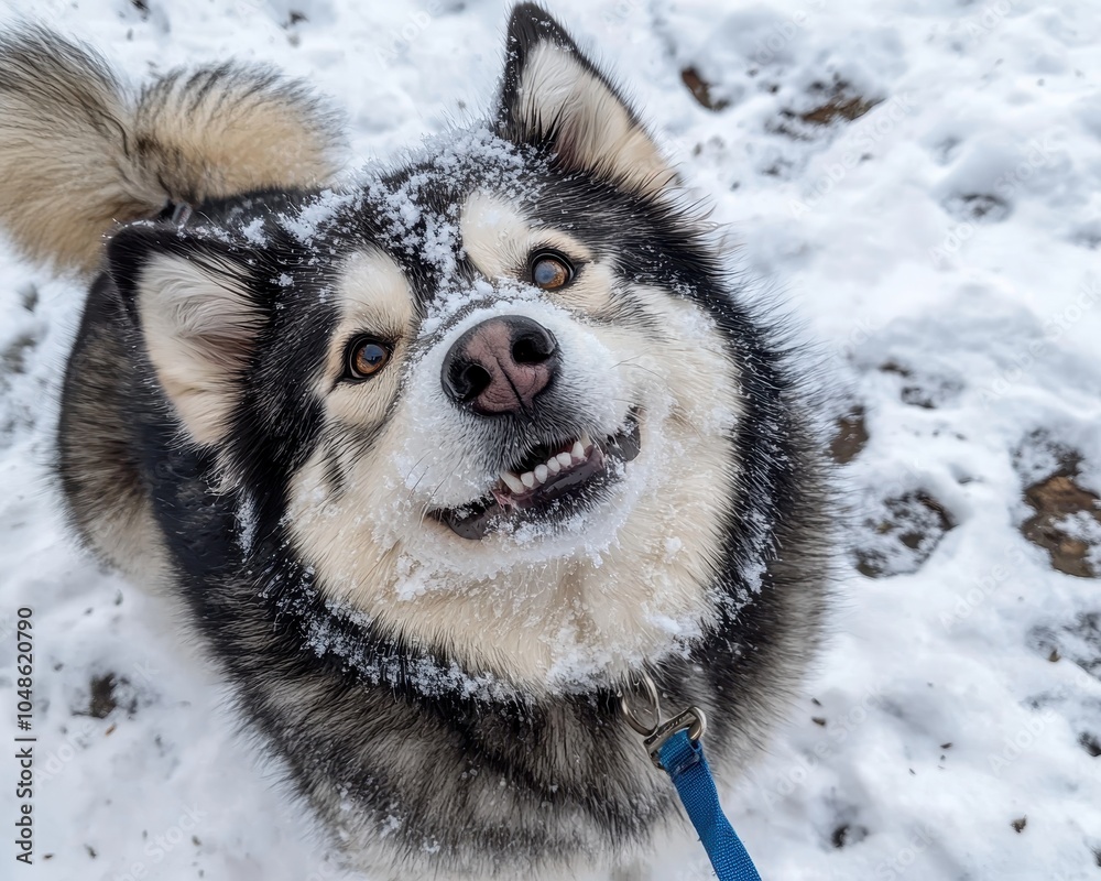Naklejka premium Playful Alaskan Malamute in Snowy Landscape