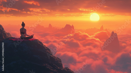 A woman meditating in a seated yoga position at the top of a mountain, surrounded by clouds during sunset