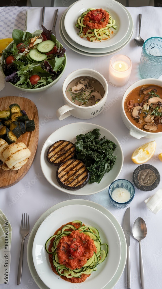Dining Table Set with Various Vegan and Low-Carb Dishes Dining Table Set with Various Vegan and Low-Carb Dishes