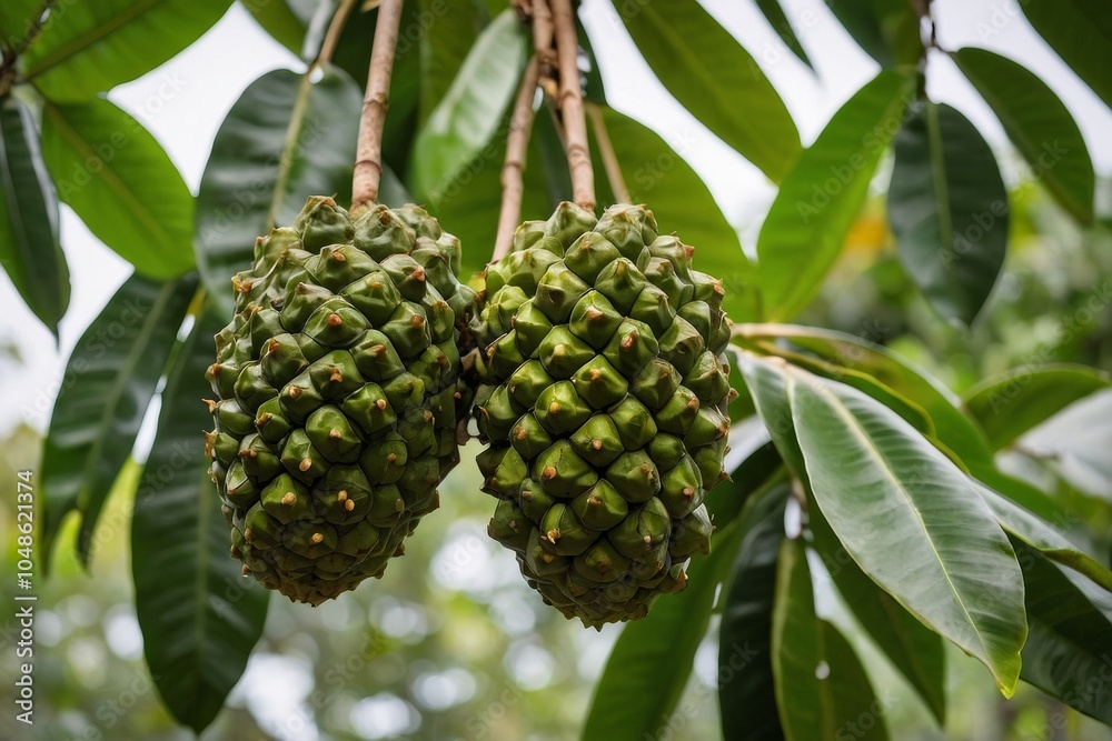 A Ripe soursops hanging from the branches of a soursop tree A Ripe soursops hanging from the branches of a soursop tree