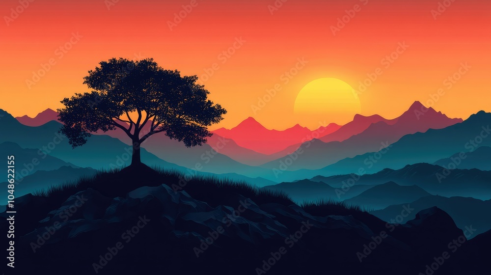 Fototapeta premium A stunning silhouette of a lone tree standing tall against the backdrop of a glowing sunset, with majestic mountains fading into the horizon