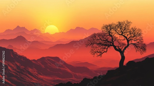 A stunning silhouette of a lone tree standing tall against the backdrop of a glowing sunset, with majestic mountains fading into the horizon