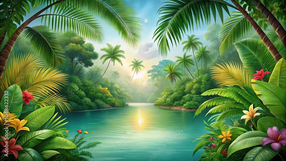 Fototapeta premium Tropical jungle scene with river reflection