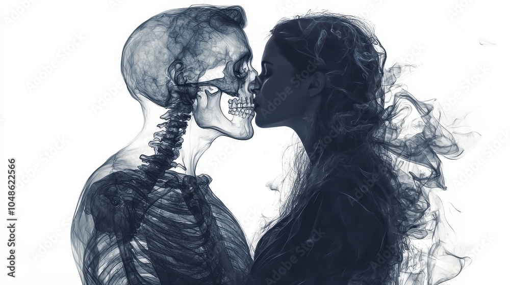 Ethereal Kiss Between Skeleton and Woman in Smoke Art Ethereal Kiss Between Skeleton and Woman in Smoke Art