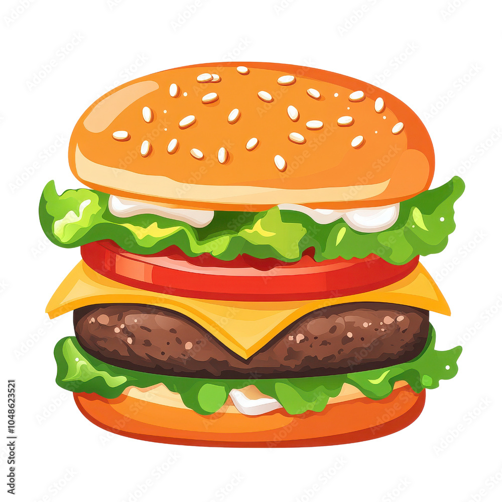 Delicious cheeseburger with fresh lettuce, tomato, and a juicy beef patty, topped with creamy sauce and sesame seed bun. Delicious cheeseburger with fresh lettuce, tomato, and a juicy beef patty, topped with creamy sauce and sesame seed bun.