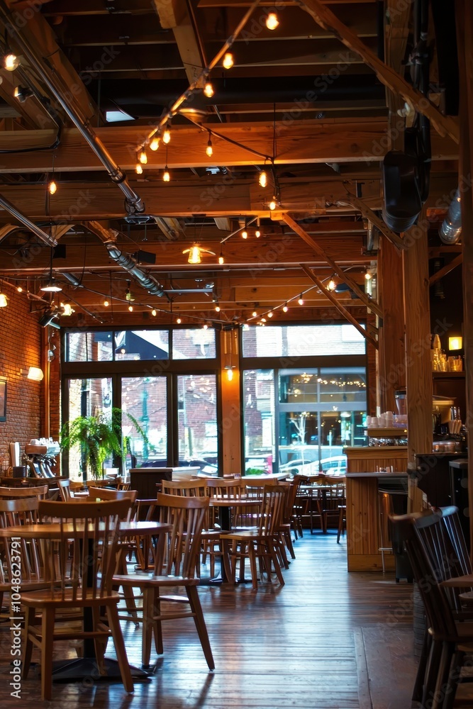 Fototapeta premium Cozy Cafe Interior with Exposed Beams and Warm Lighting