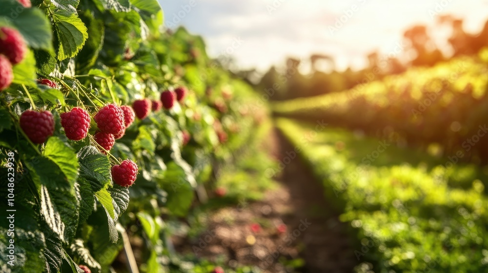 Obraz premium A vibrant raspberry farm in full bloom, showcasing rows of lush green plants with ripe, juicy raspberries ready for harvest.