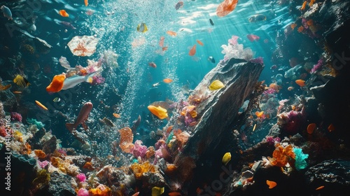 A vibrant underwater shot of fragmented rocky debris, surrounded by colorful aquatic life, highlighting biodiversity and fragility.